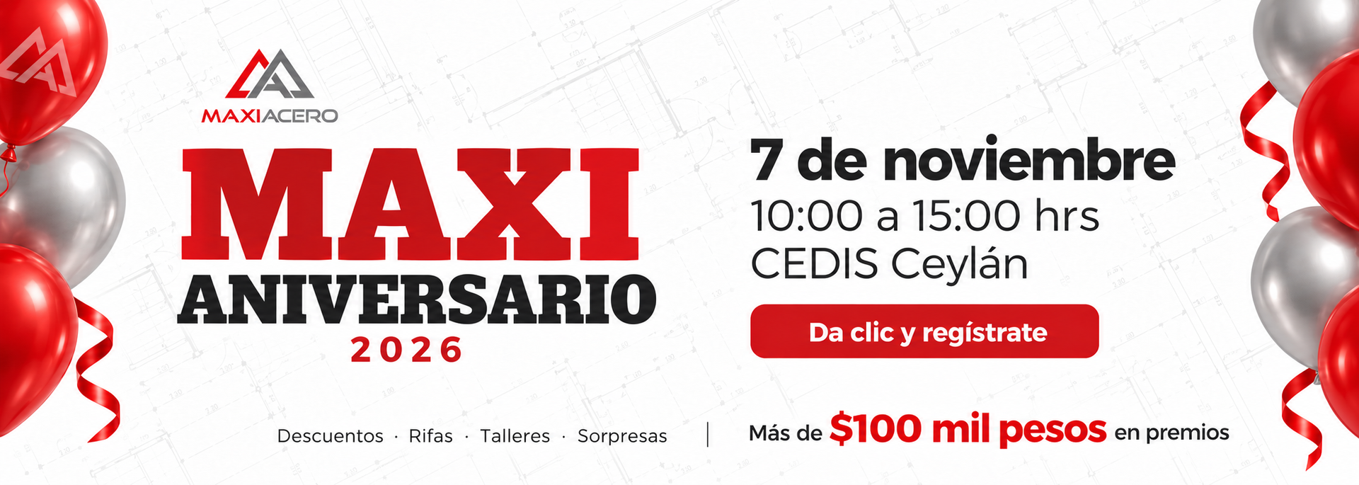 Banner de aniversario Maxiacero con planos arquitectonicos