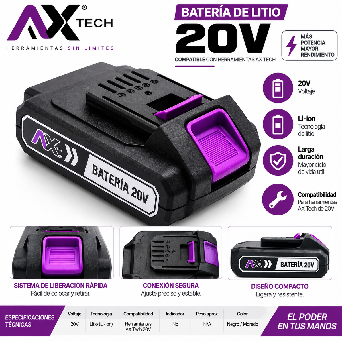 Batería de Ion-Litio 20V 2.0Ah Ax Tech para Herramienta Eléctrica | AXT-BA202