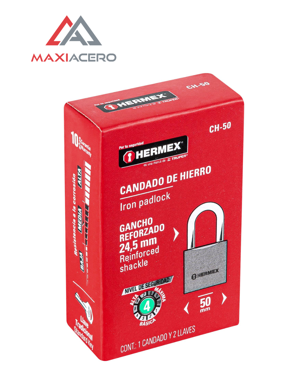 Candado De Hierro 50mm Gancho Corto Caja Hermex Plateado 43317