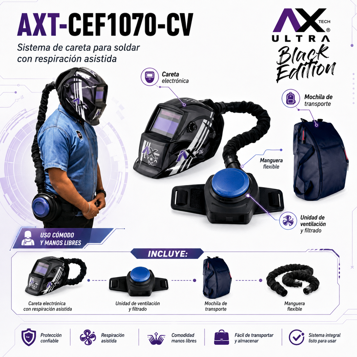 Careta Electrónica Axtech AXT-CEF1070-CV con Extractor y Purificador PAPR
