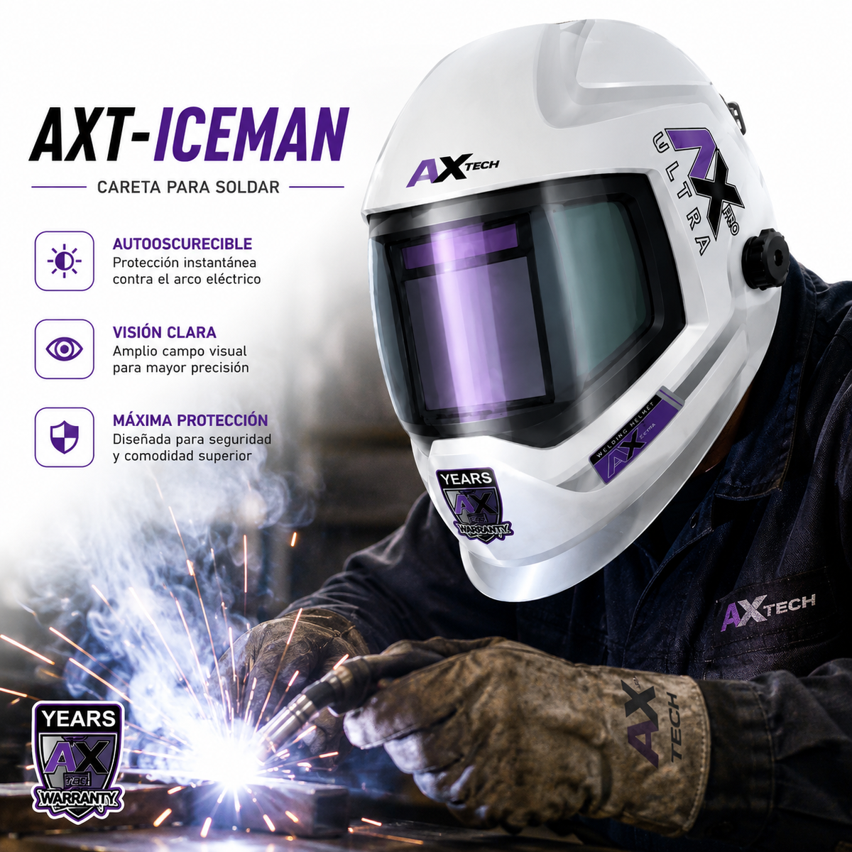 Careta Electrónica Soldar Axtech 4 Sensores Panorámica 180 Grados Blanca-AXT-ICEMAN