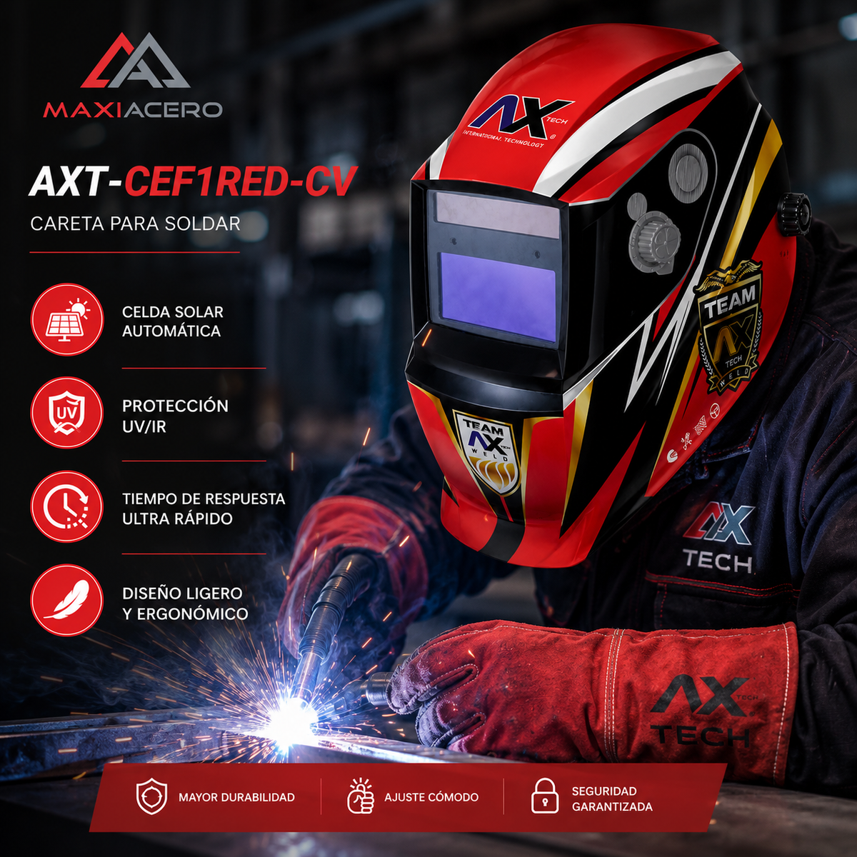 Careta Electrónica para Soldar Axtech Diseño F1 Red Sombra Variable