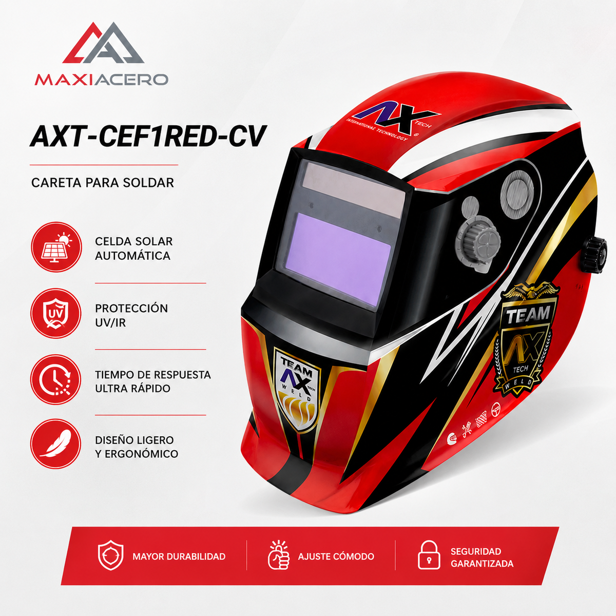 Careta Electrónica para Soldar Axtech Diseño F1 Red Sombra Variable