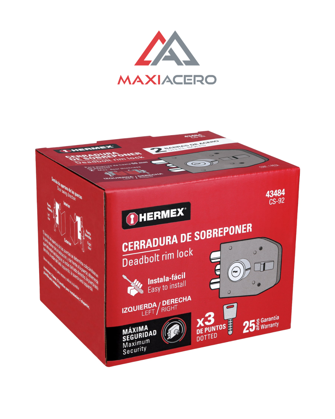 Cerradura de Sobreponer Hermex 43484 | 2 Barras Instala-Fácil Llave de Puntos