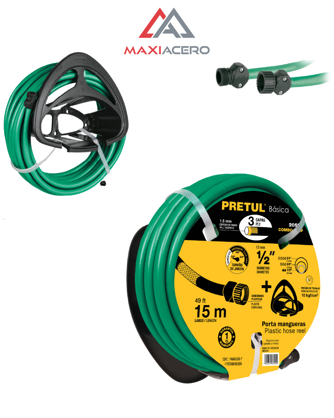 Combo Manguera para Jardín Pretul 15m x 1/2" con Portamanguera Negro