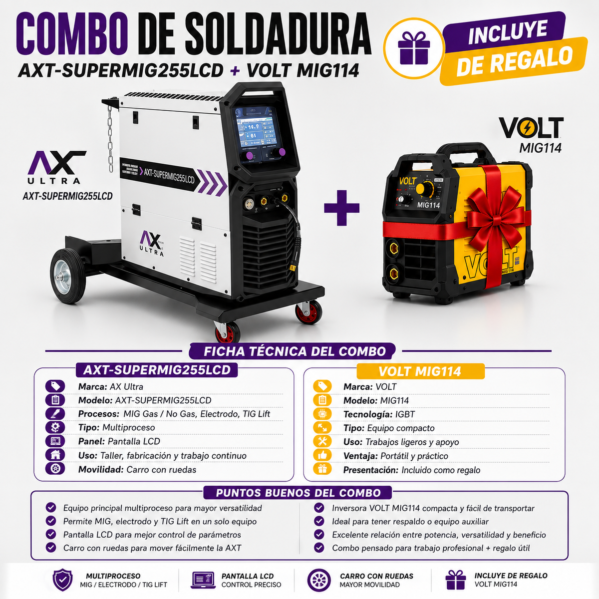Combo Profesional Axtech: Soldadora AXT-SUPERMIG255LCD + Soldadora Volt VOL-MIG114 de Regalo
