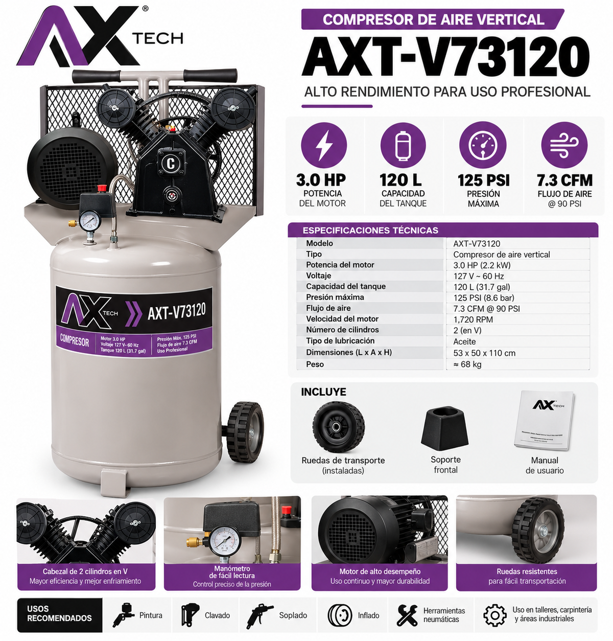 Compresor de Aire Libre de Aceite 3 HP 72 L (110/220V) - AX Tech AXT-V73120