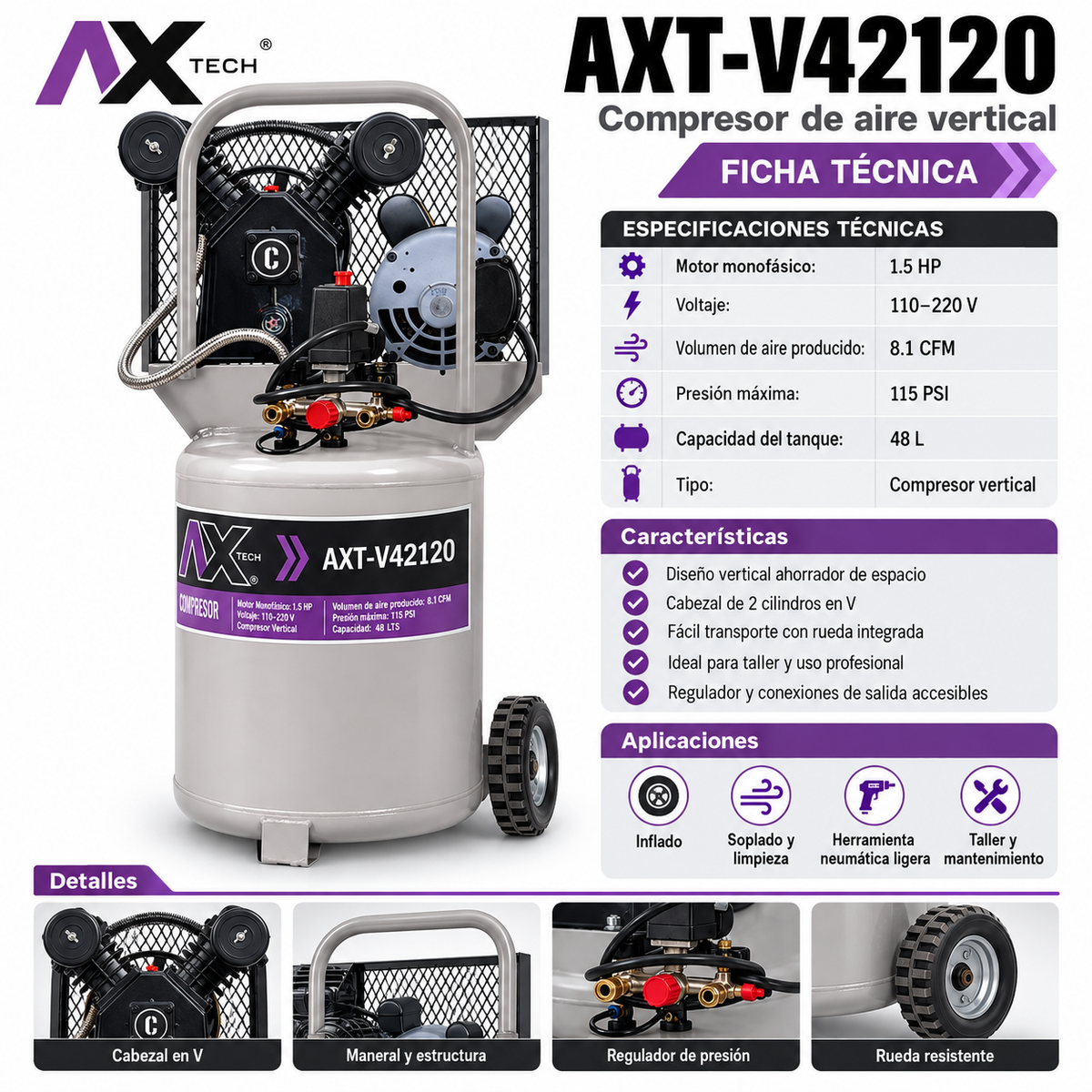 Compresor Vertical Axtech 48L 1.5HP | Motor Marathon 2 Pistones en V (AXT-V42120)