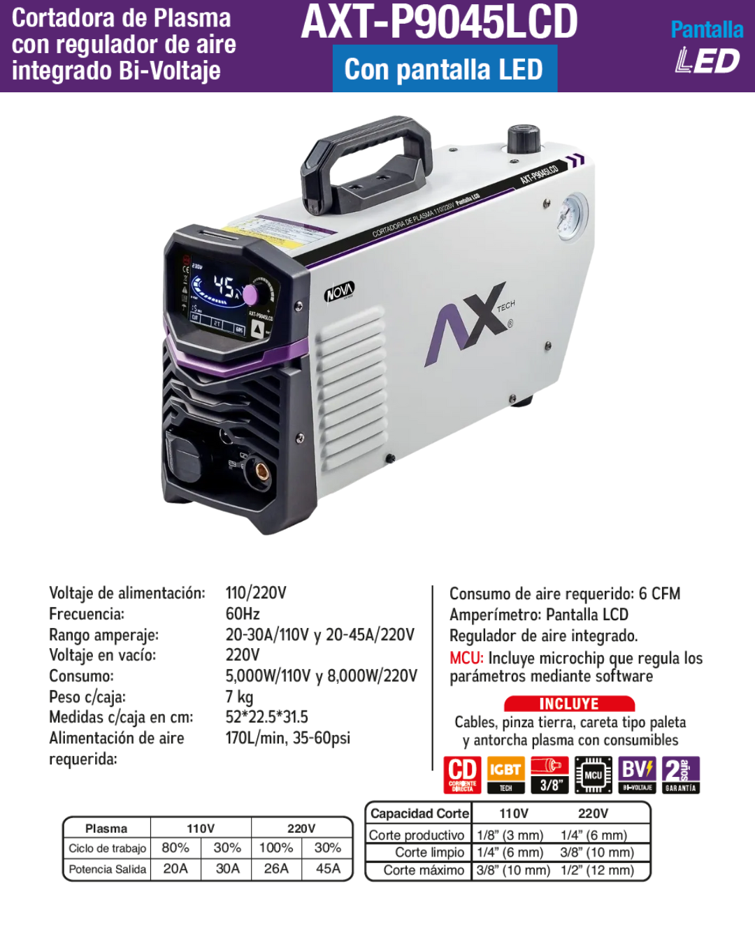 Cortadora de Plasma Inversora Axtech Axt-p9045lcd Bi-voltaje