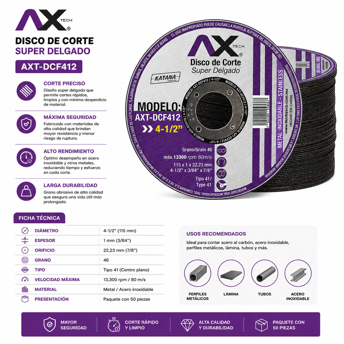 Paquete de 50 Discos de Corte 4-1/2" Axtech para Metal y Acero Inoxidable-AXT-DCF412