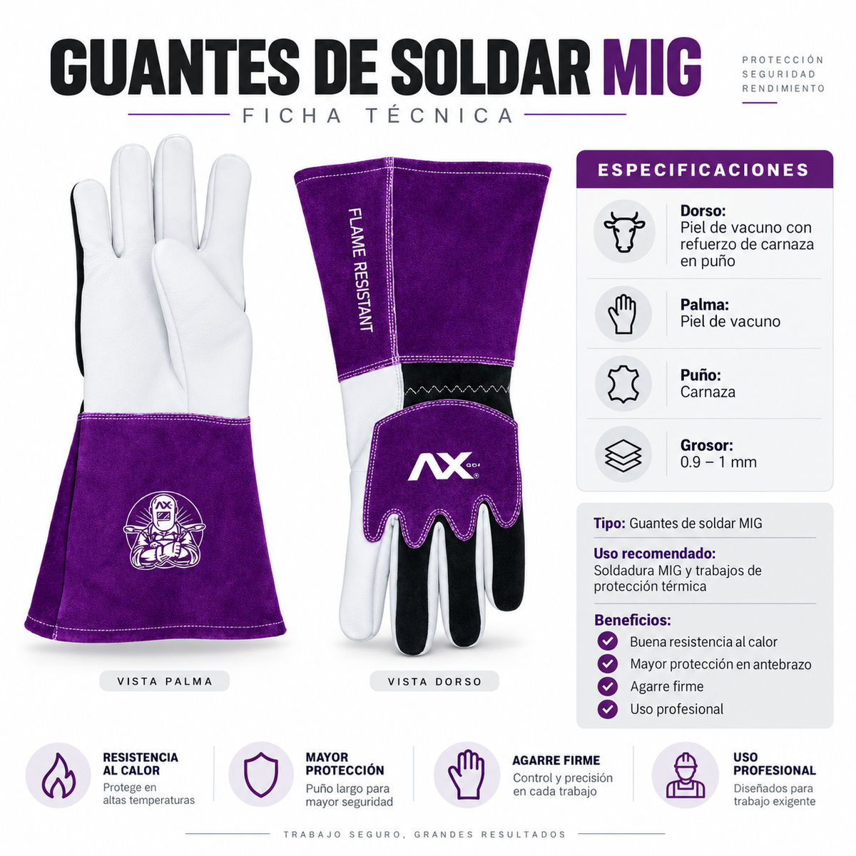 Guantes para Soldar MIG / Microalambre Ax Tech (AXT-GP001-M) | Piel de Vacuno