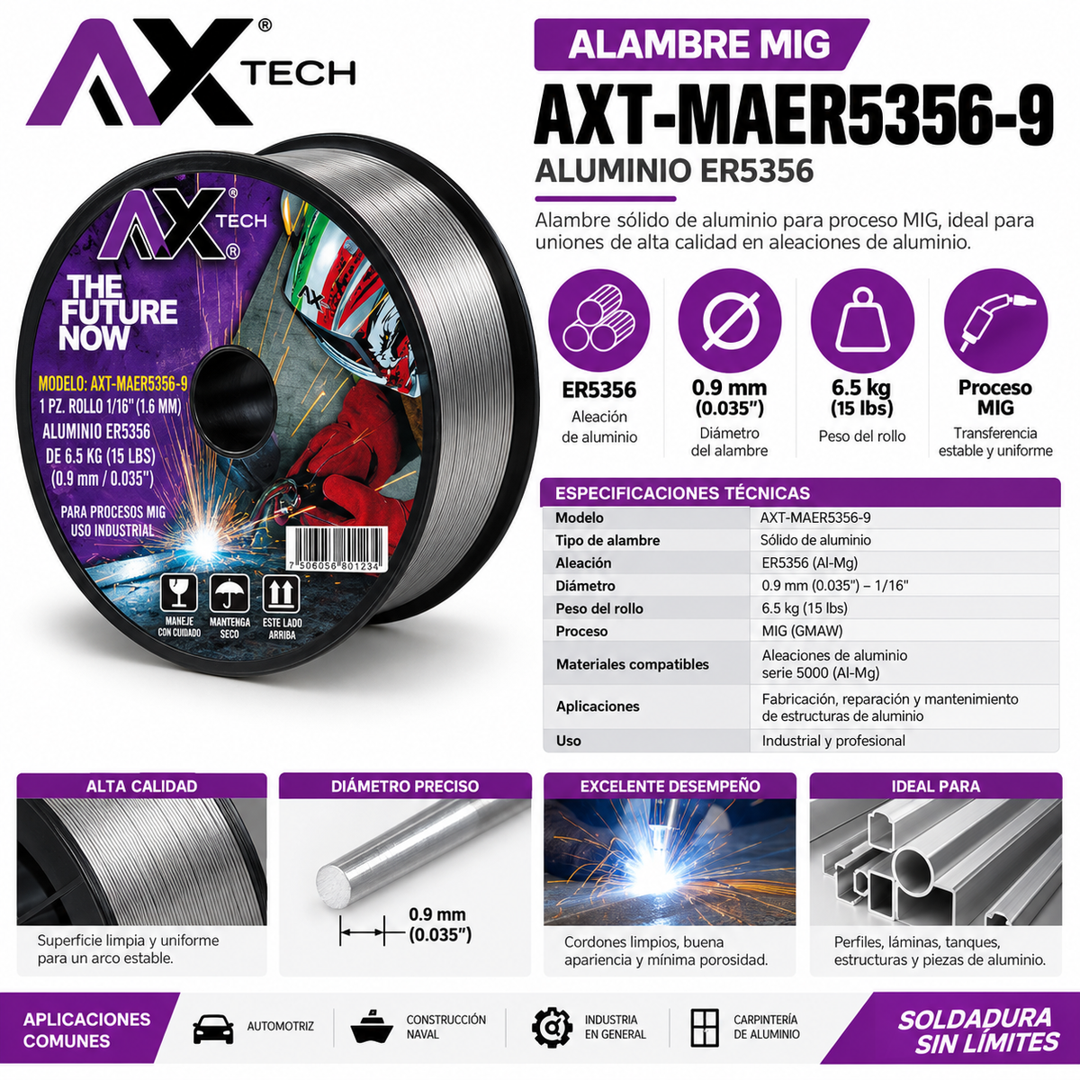 Microalambre de Aluminio ER5356 1.2mm (0.5 kg) Ax Tech | AXT-MAER5356-12