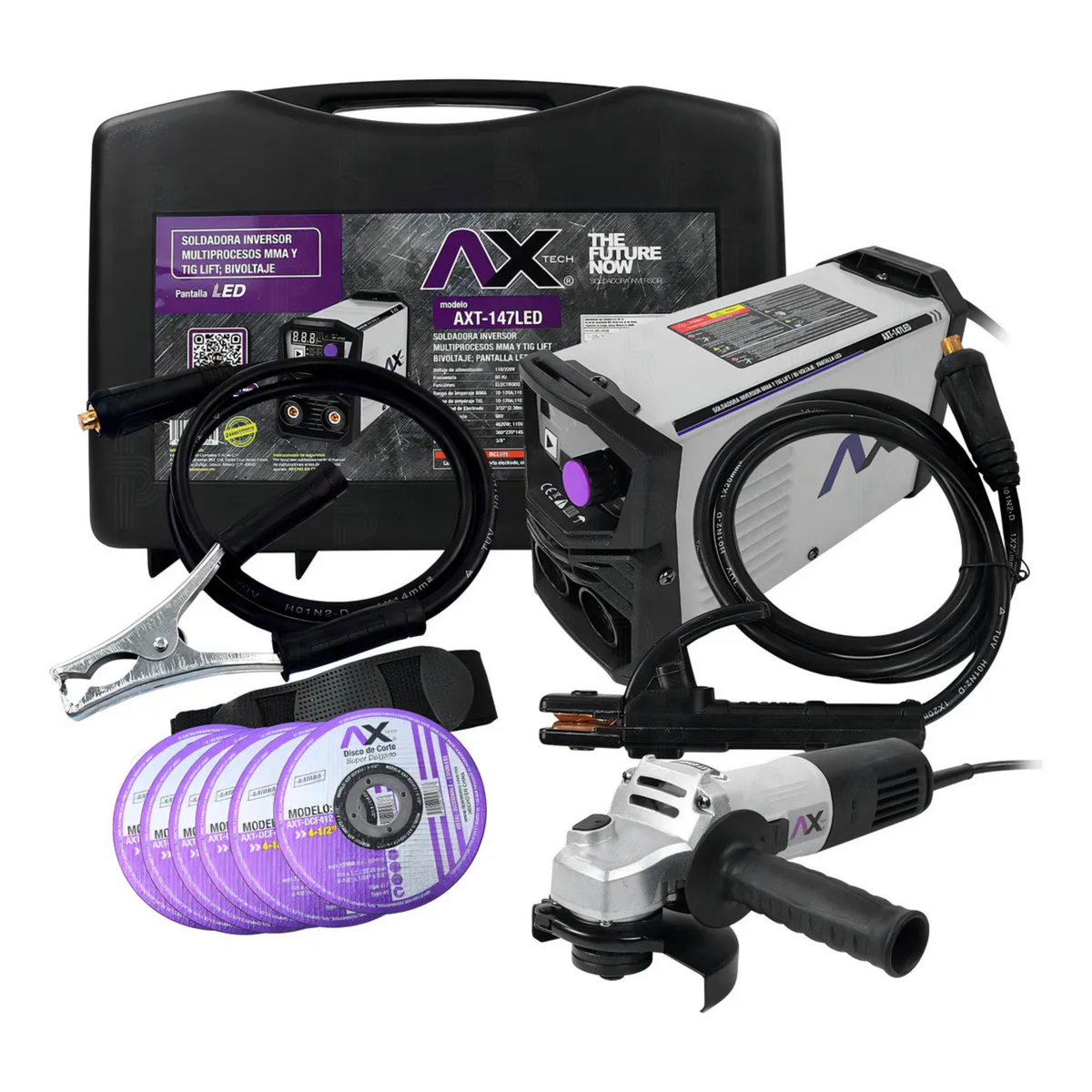 Soldadora Inversor AXT-147LED, Bi-Voltaje 110/220V AX TECH + Esmeriladora y Discos (AXT-147LED-C4)