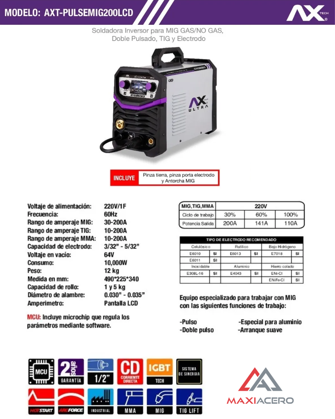Soldadora Inversor Mig Pulsado Tig Lift Axtech AXT-PULSEMIG200LCD