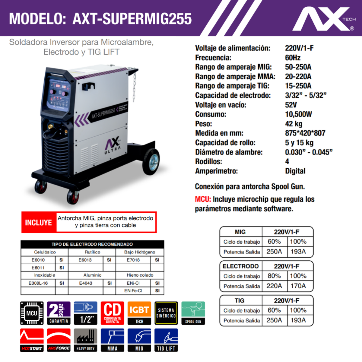 Soldadora Inversor Microalambre Axtech AXT-SUPERMIG255