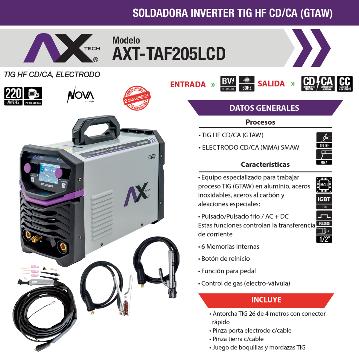 Soldadora Inversor Tig Axtech AXT-TAF205LCD