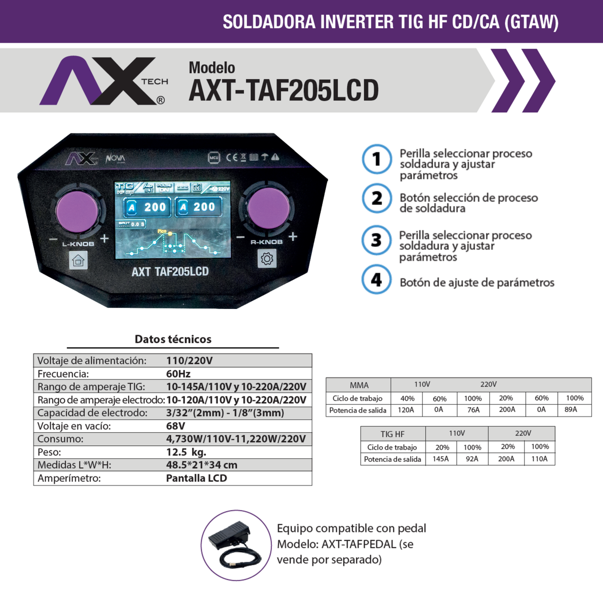 Soldadora Inversor Tig Axtech AXT-TAF205LCD