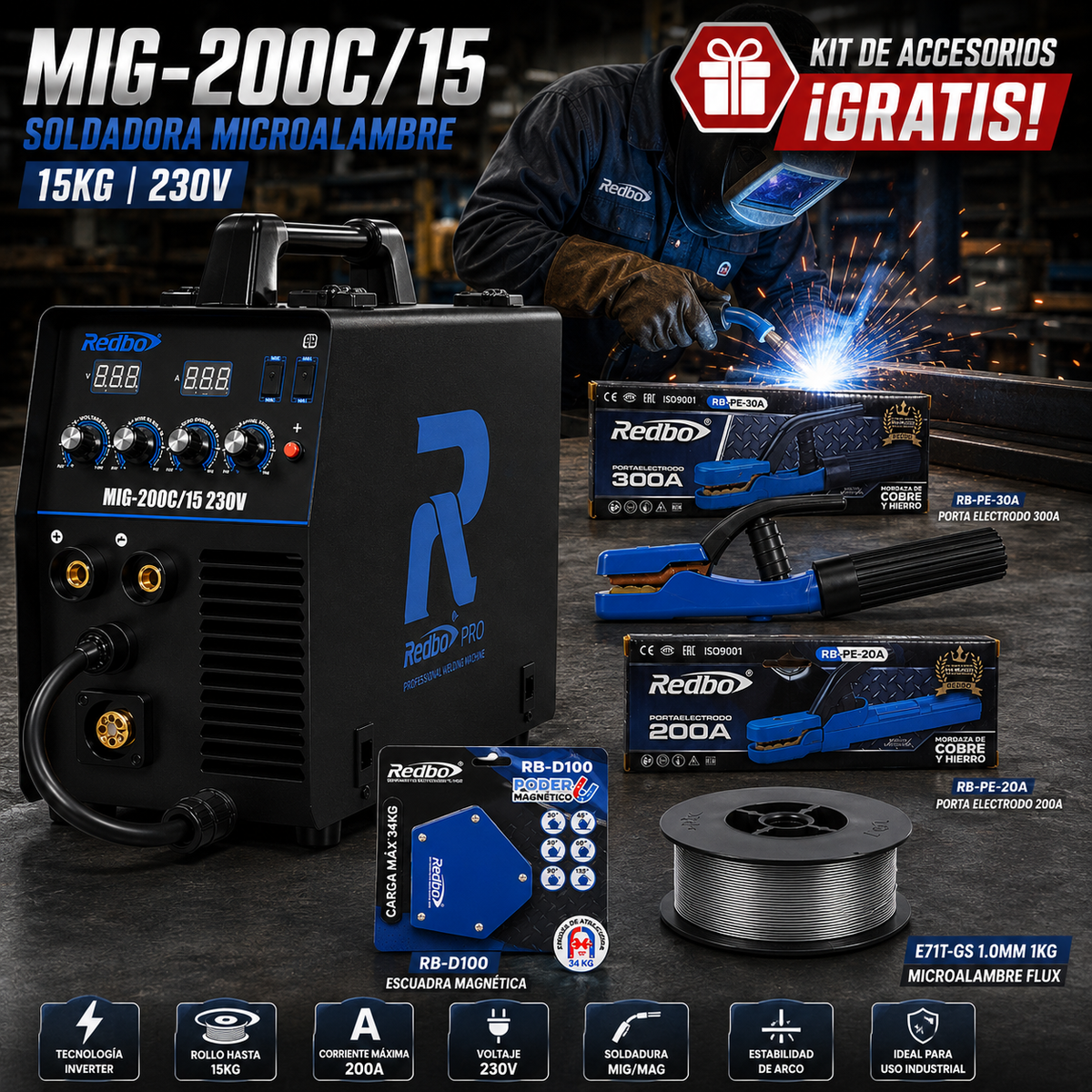 Soldadora Microalambre MIG-200C/15 230V + Kit de Accesorios GRATIS