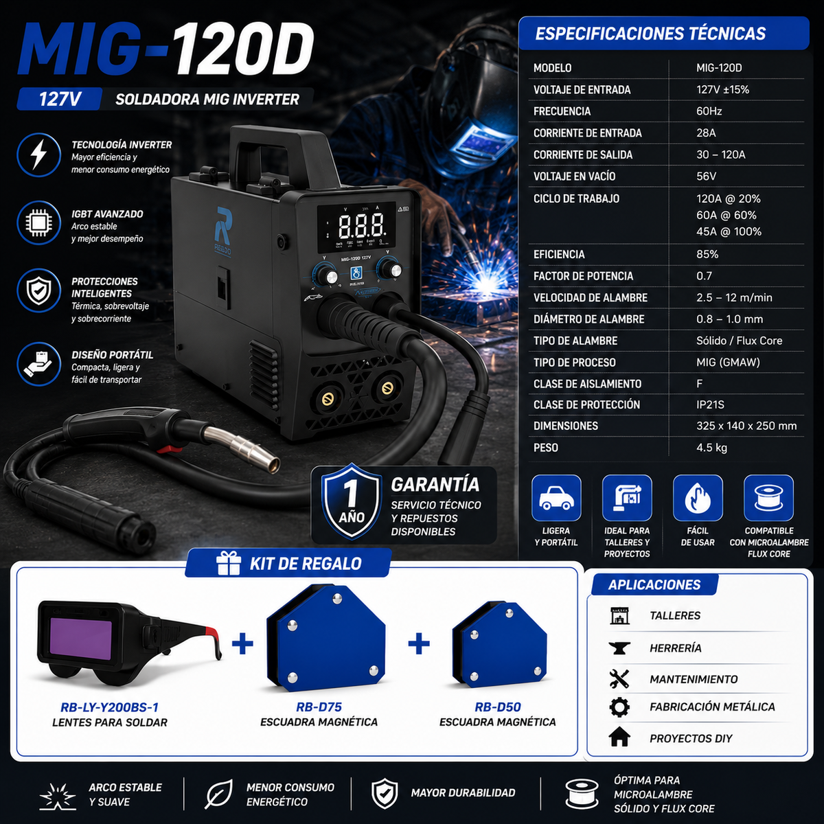 Soldadora MIG-120D 127V + Kit de Accesorios GRATIS Redbo