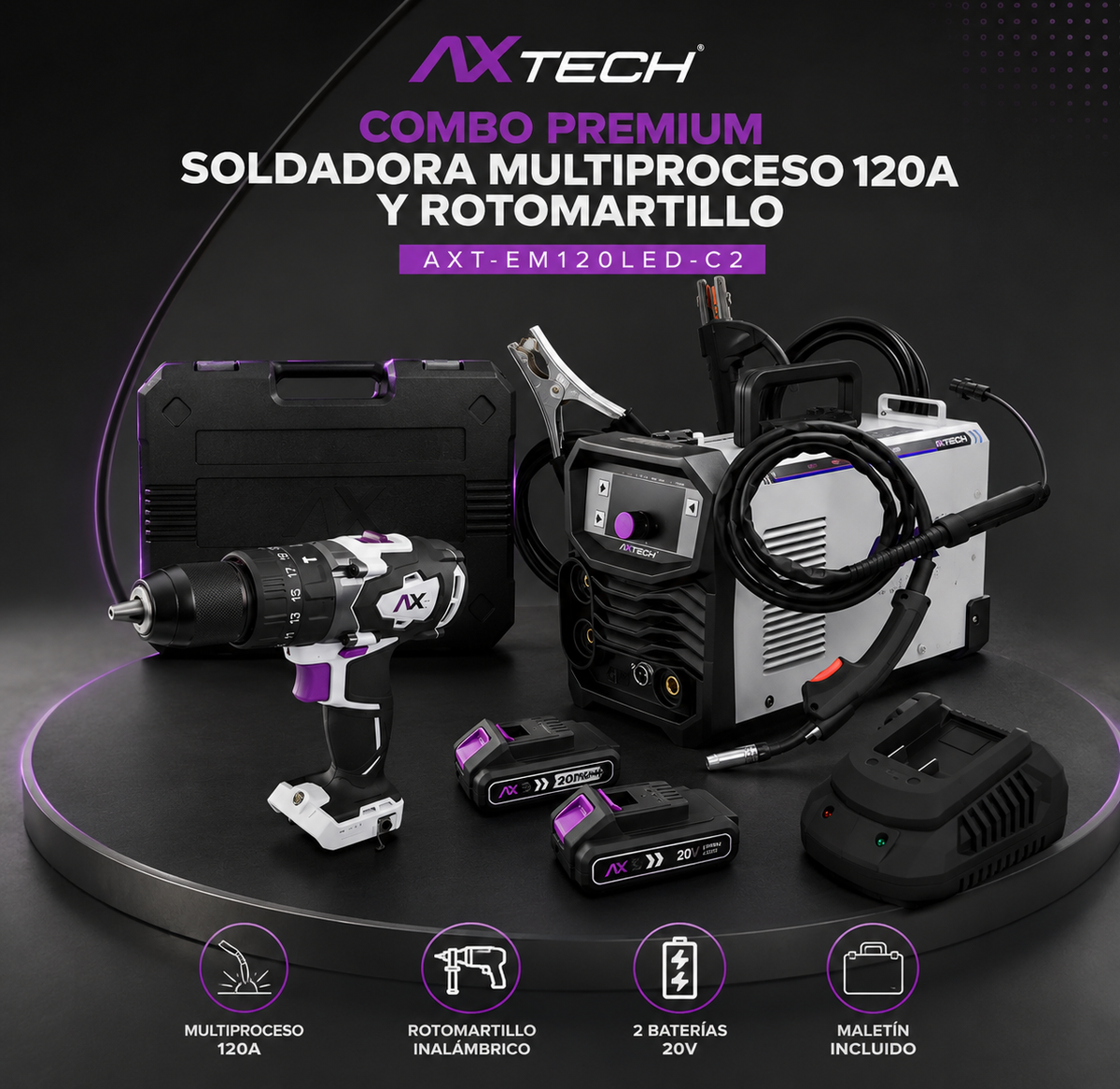 Combo Soldadora Multiproceso Axtech 120A y Rotomartillo (Mod. AXT-EM120LED-C2)