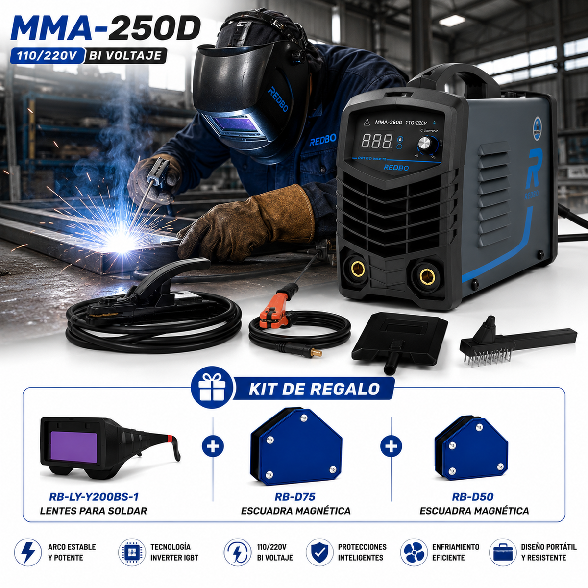 Soldadora MMA-250D 110/220V + Kit de Accesorios GRATIS Redbo