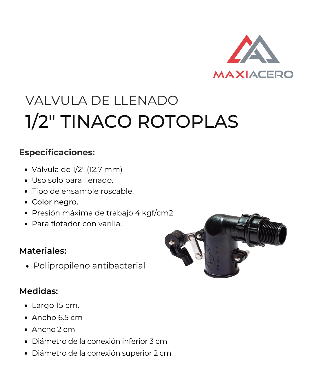 Válvula de Llenado Rotoplas de 1/2" para Tinaco y Cisterna