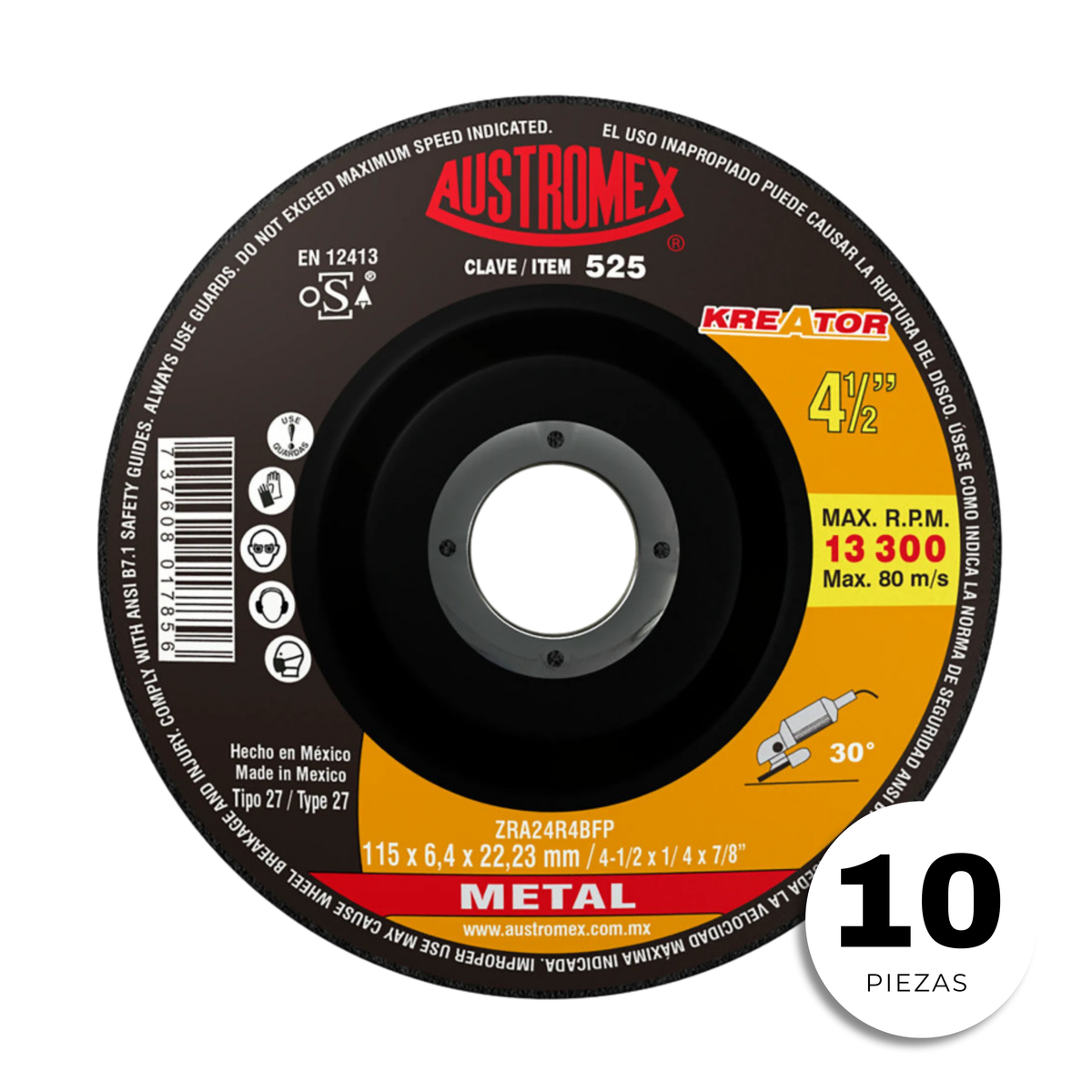 10pzs Disco Austromex 525 Abrasivo Desbaste Acero Fundición Soldadura de 4-1/2 x 1/4 x 7/8