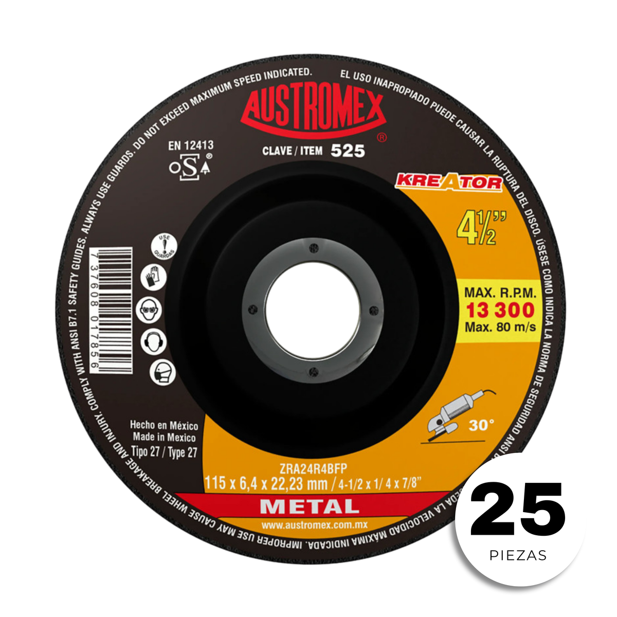 25pzs Disco Austromex 525 Abrasivo Desbaste Acero Fundición Soldadura de 4-1/2 x 1/4 x 7/8