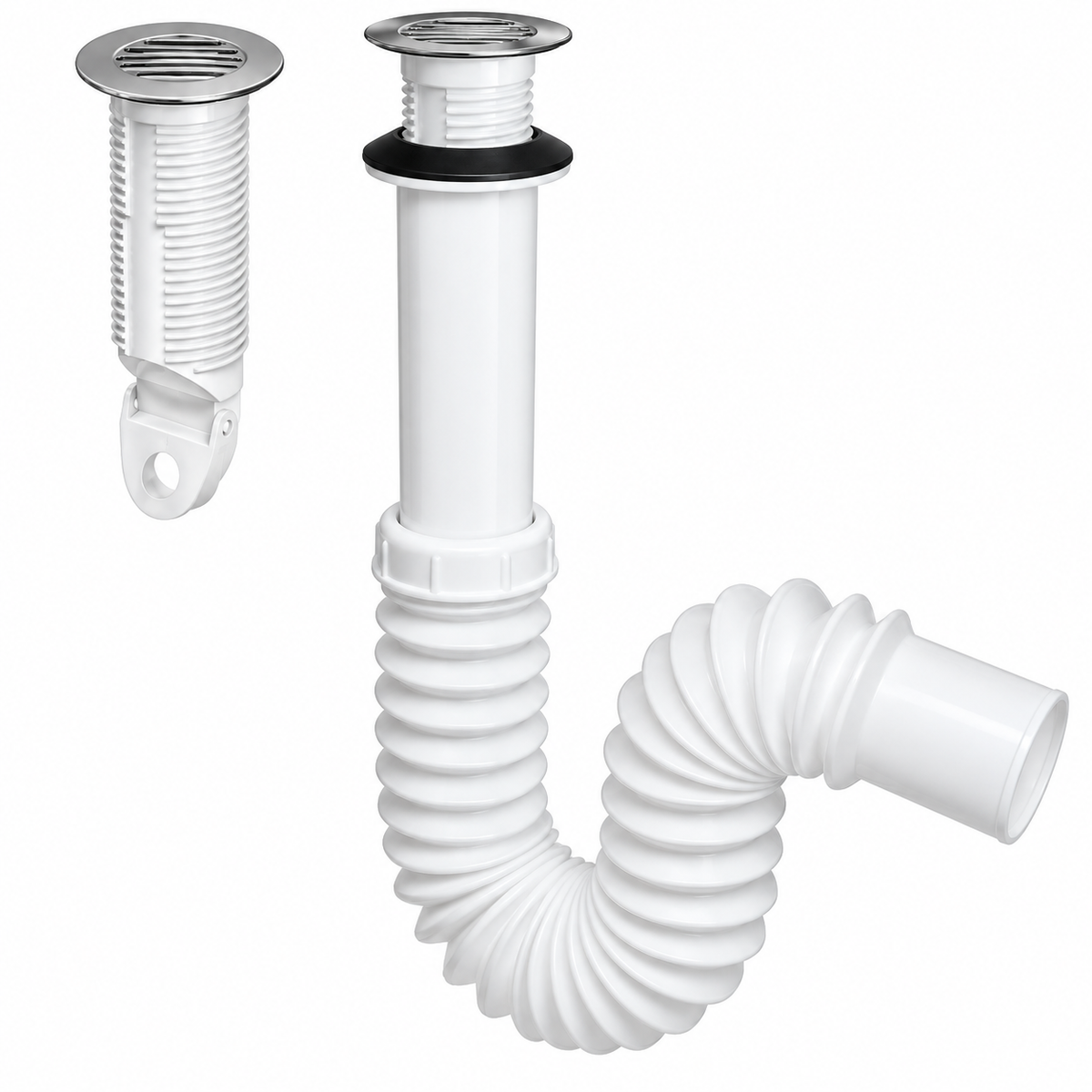 Céspol para lavabo u ovalín Antiolores, tipo "P", rejilla de acero inoxidable, extensión flexible de 55 cm | Fleximatic 2236