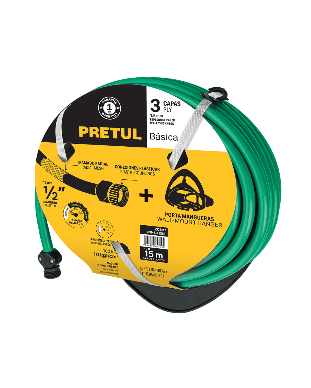 Combo Manguera para Jardín Pretul 15m x 1/2" con Portamanguera Negro