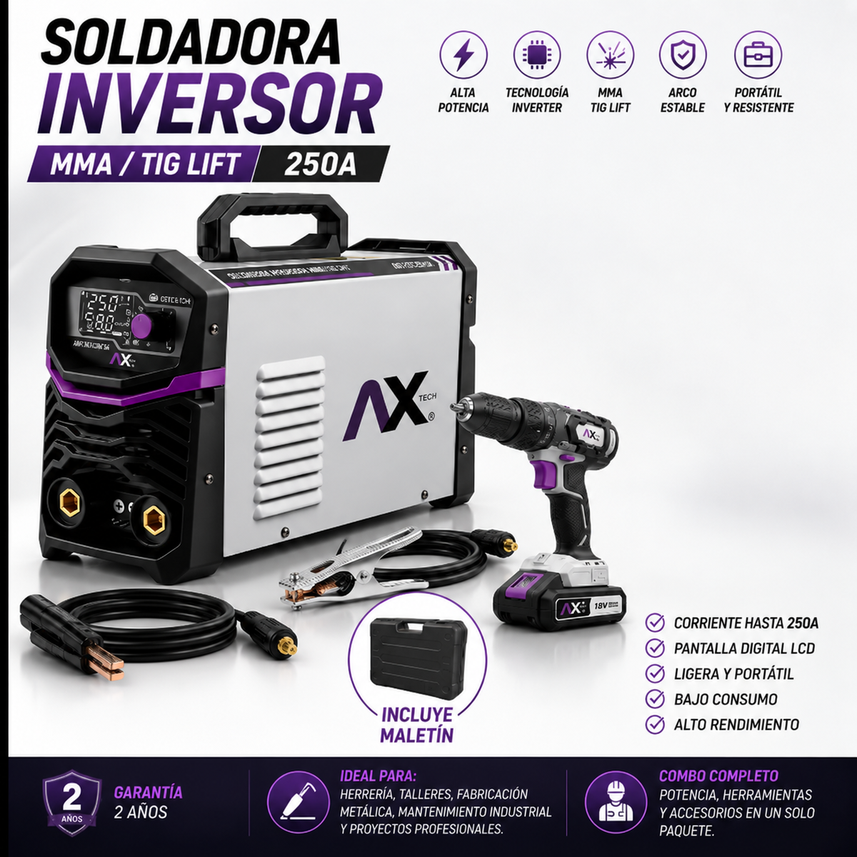 AXT-257LCD-C4 + Rotomartillo, Combo Soldadora Inversor Electrodo y TIG Lift Axtech