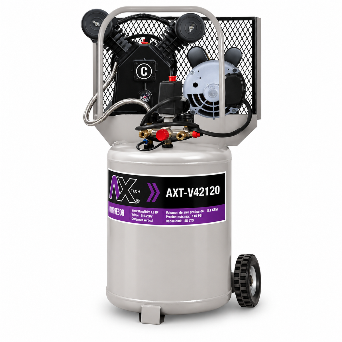 Compresor Vertical Axtech 48L 1.5HP | Motor Marathon 2 Pistones en V (AXT-V42120)