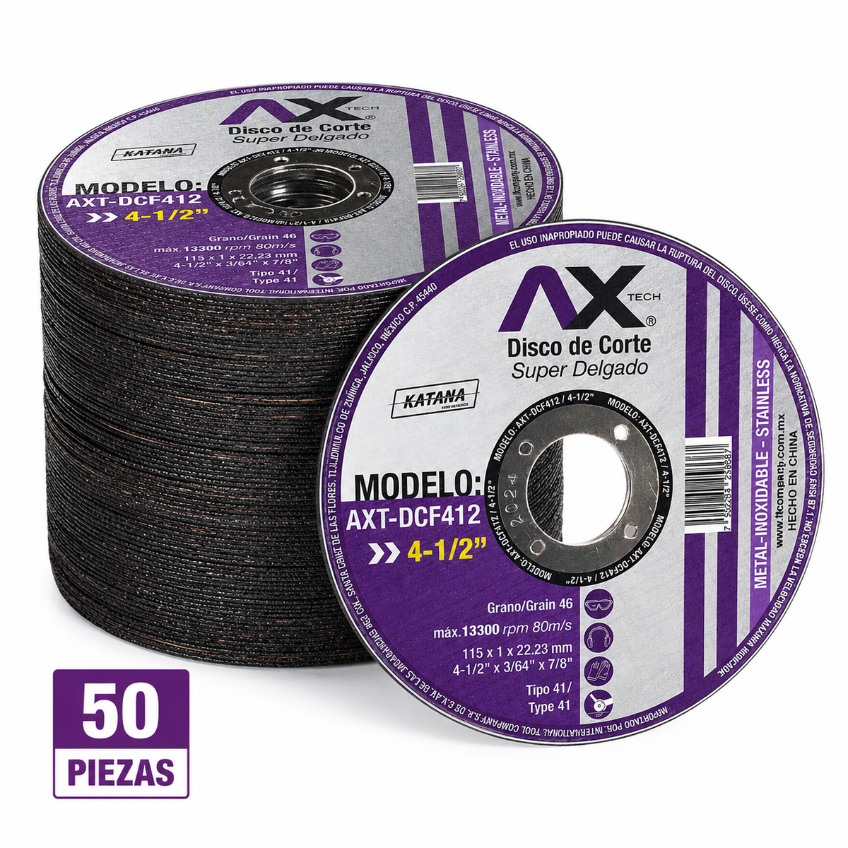 Paquete de 50 Discos de Corte 4-1/2" Axtech para Metal y Acero Inoxidable-AXT-DCF412